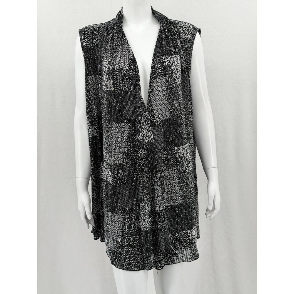 CJ Banks Topper Women 3X Black White Sleeveless Open Front Cardigan Sequins Boho